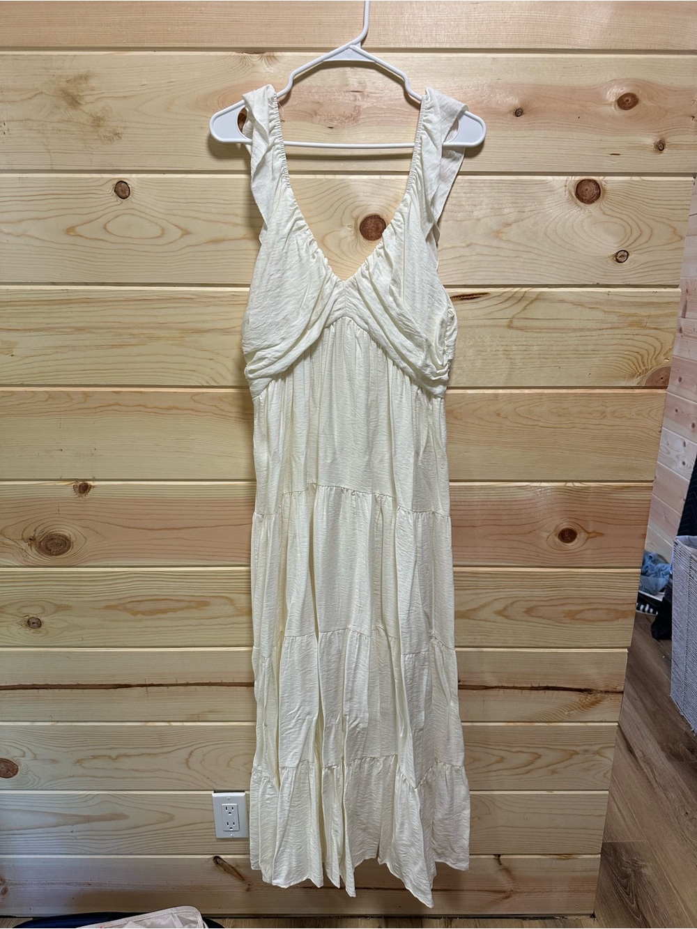 Ruffle Strap Cream Maxi Dress with V-Neck